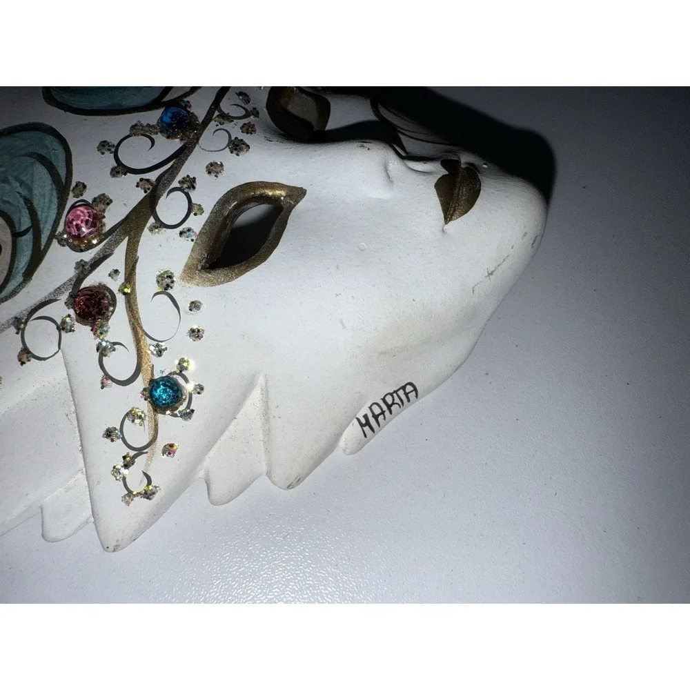 Vintage 90s Handmade Ceramic Starburst Gold/Silver Floral Wall Mask Italy‎